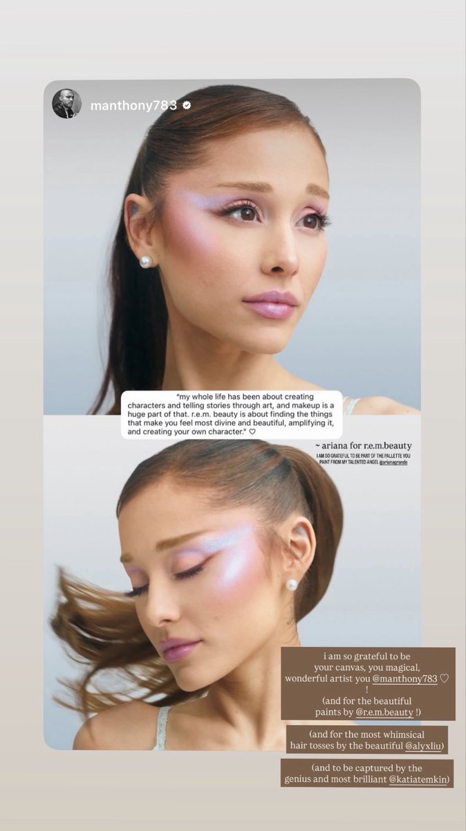 TeamArianaBE's tweet image. #PHOTOS: Ariana via Instagram Story pour @rembeauty : 

« Toute ma vie a été consacrée à créer des personnages et à raconter des histoires à travers l’art, et le maquillage en fait une grande partie. r.e.m. beauty consiste à trouver ce qui te fait te sentir la plus divine et la
