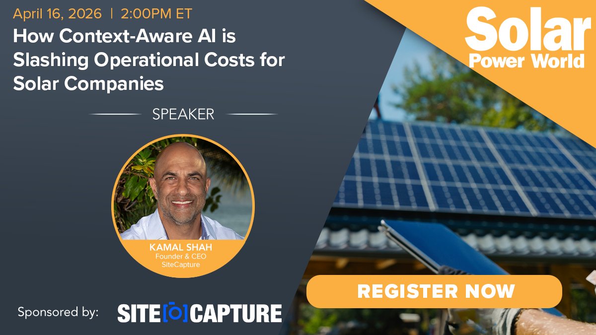 SiteCapture's tweet photo. Join us for tomorrow's webinar, How Context-Aware AI is Slashing Operational Costs for Solar Companies, hosted by Solar Power World! ☀️

👉 Register now to save your seat! - https://t.co/qVuX2cce8r

#Solar #SolarAI #AI #FieldOperations https://t.co/n4sTvWeGKc