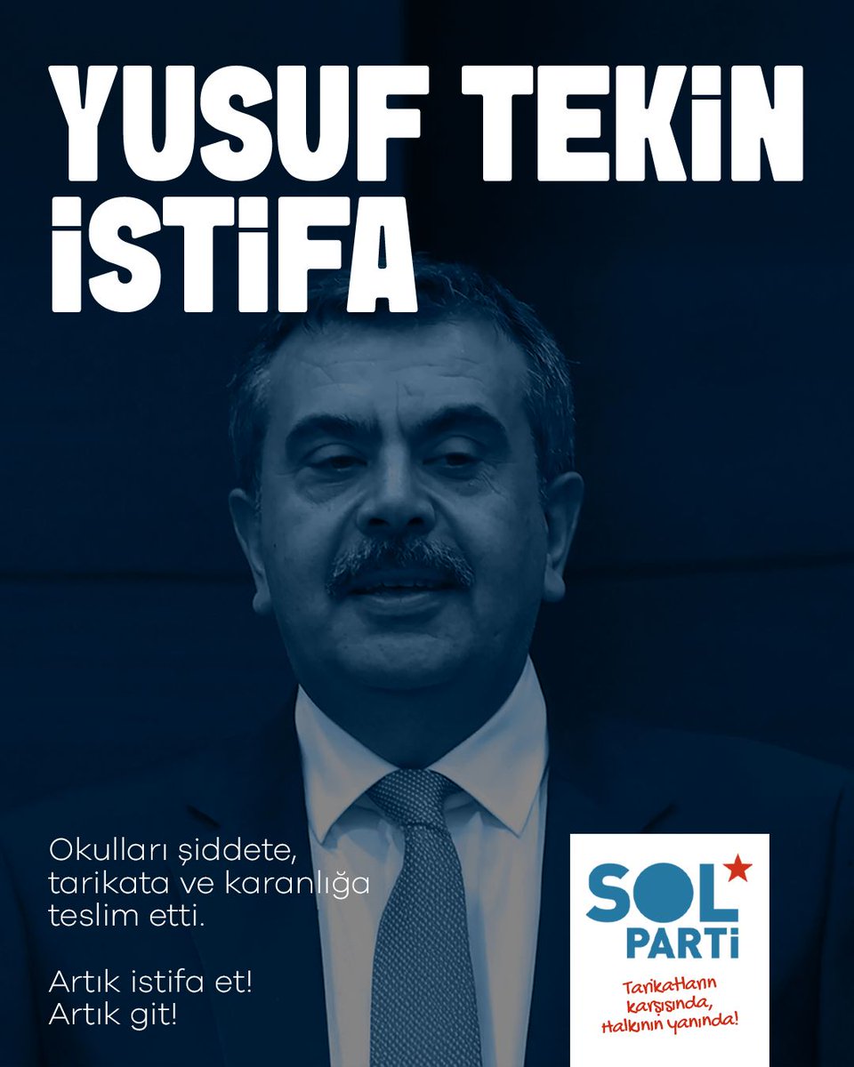 Yusuf Tekin Derhal İstifa! 

Maraş ve Urfa'da yaşananlar münferit değildir. 
Okullarımızı şiddete, tarikatlara ve karanlığa teslim eden Yusuf Tekin derhal istifa et! Artık git

#YusufTekinİstifa