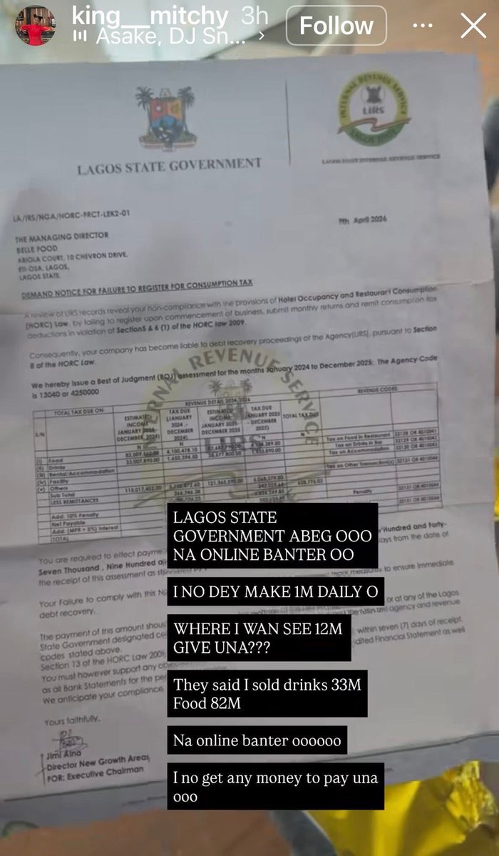 OnuzulikeV's tweet photo. " King Mitchy cries out after Lagos State Government slammed her business with N12m tax bill. "I don’t make N1m daily. It was online banter. She never see anything yet😂😂 https://t.co/K9X4mHOH6a