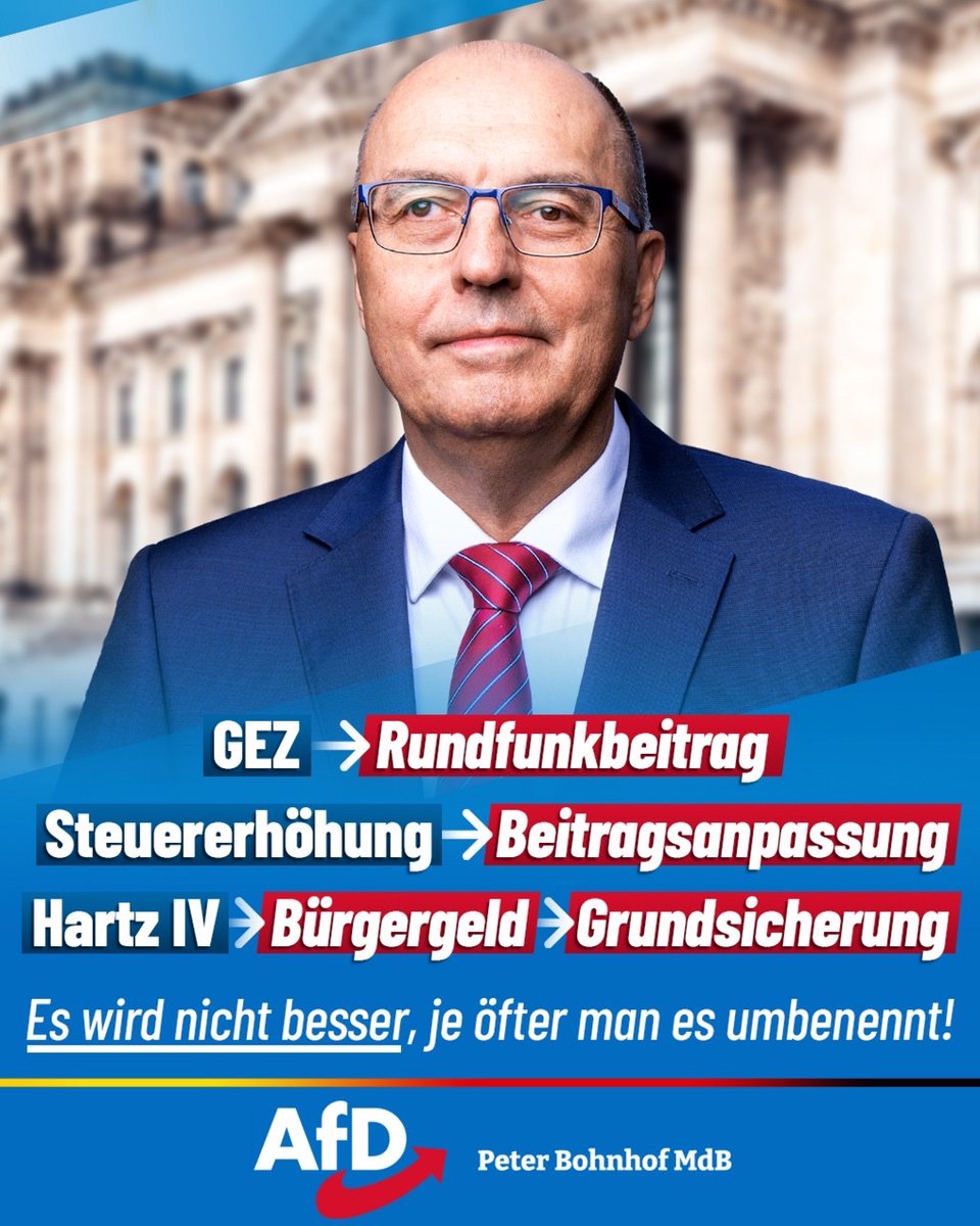 Regierung im Umbenennungswahn 

Statt echte Probleme anzupacken, werden unangenehme Dinge immer öfter einfach neu verpackt: Aus der GEZ wird der „Rundfunkbeitrag“, aus einer Steuererhöhung eine harmlose „Beitragsanpassung“ und aus Hartz IV erst das Bürgergeld und jetzt,die