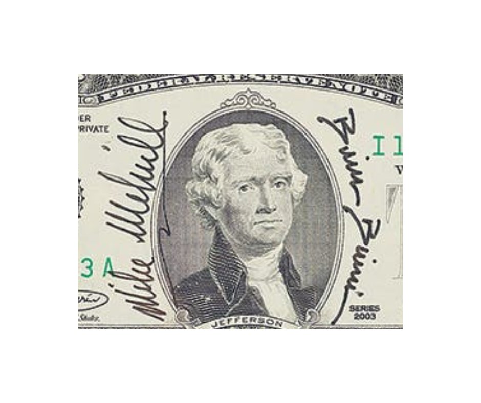 KPNumismatics's tweet photo. Can you sign this? This week's #NumisIQ shows a portrait of Thomas Jefferson on an American bank note with two signatures framing the former president's face. Do you know why this issue is particularly  "noteworthy"? A hint can be found if you can decipher the signatures! https://t.co/rUga7dqraI