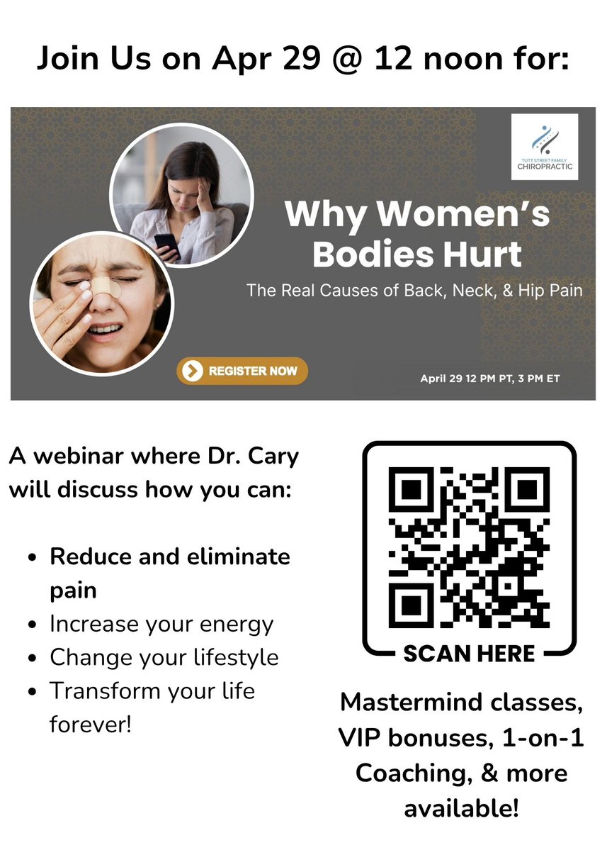 drcaryyurkiw's tweet image. Women's bodies hurt for real reasons — and you deserve real answers. 💚  Join Dr. Cary's FREE webinar "Why Women's Bodies Hurt" this Mother's Day season.  

👉 Register now: linktr.ee/tuttstreetfami… 

📞 Call us: 250-486-0062  

#WomensHealth #ChiropracticCare #PainFree
