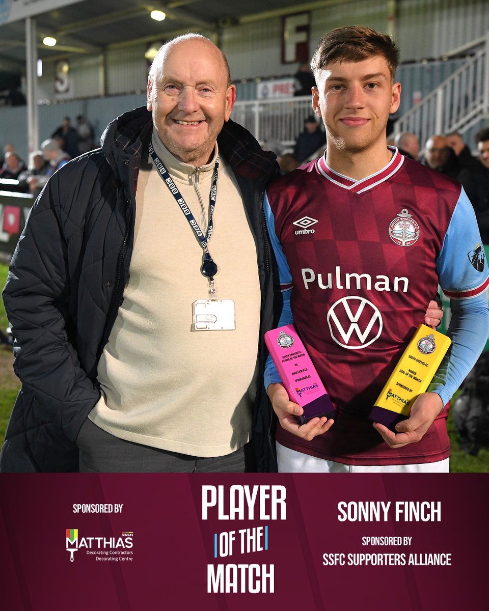 SouthShieldsFC's tweet image. 🏆 Sonny Finch picked up double awards last night, one being his Player of the Match, the other being his Goal of the Month for his wonder goal against Merthyr Town FC.

🤝 Both awards are sponsored by Shaun Matthias

📸 Kev Wilson

#SSFC #AlwaysReady