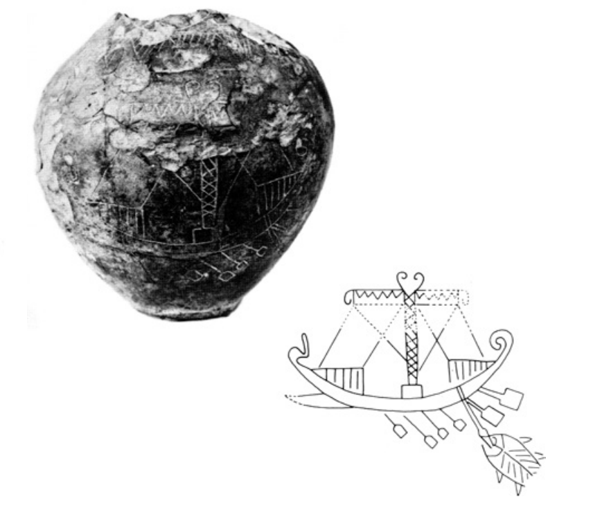 ahahistory2's tweet photo. Some early Etruscan depictions of ships dating to the 7th century BC:
A) A local pyxis, tomb n.1, San Paolo mound, Caere, c. 675-625 BC;
B) Another local pyxis, same location, c. 676-625 BC;
C) An urn from Veii, c. 700-650 BC;
D) On an oinochoe from Tarquinia, 700-675 BC. https://t.co/JhkQvPBhHw