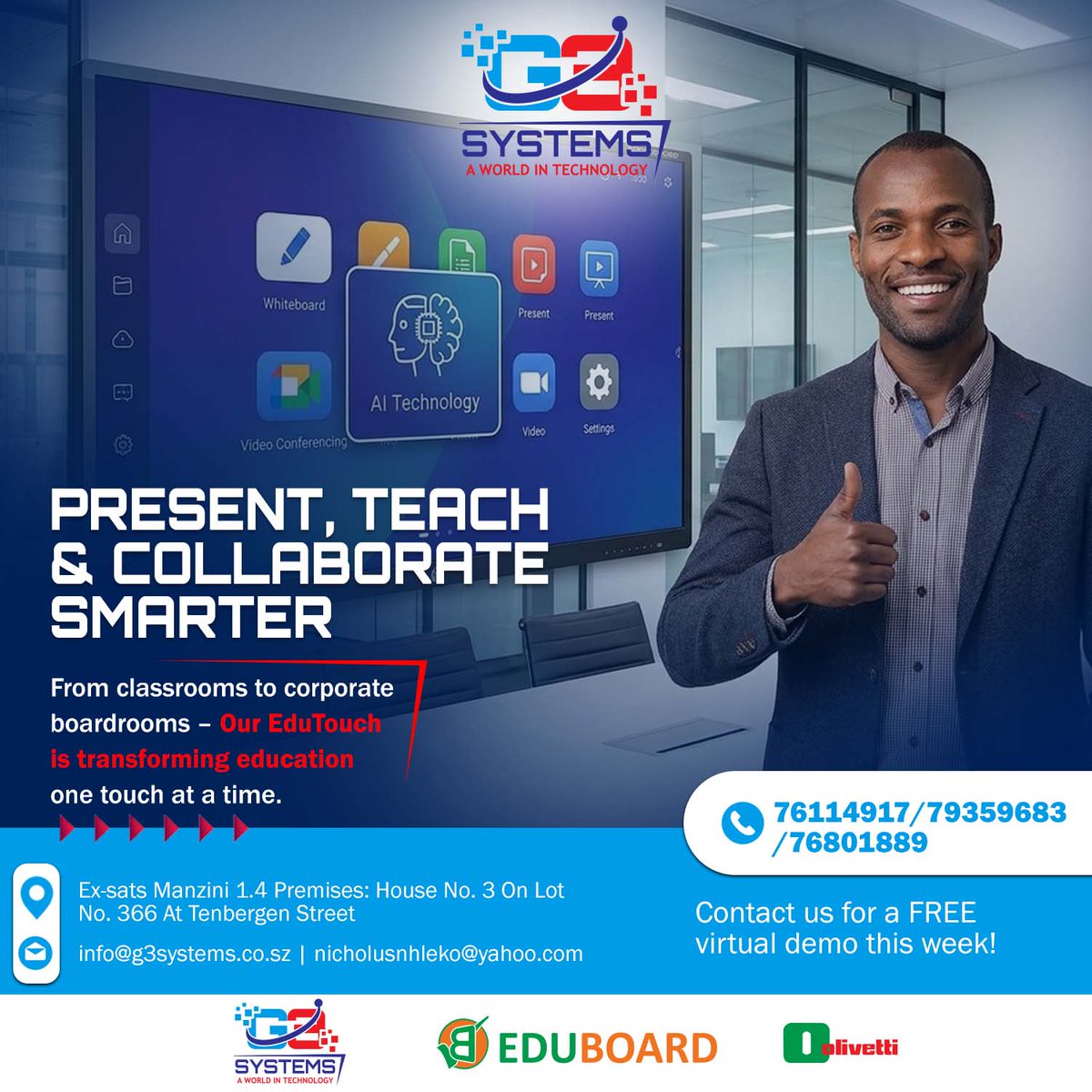 g3sytems's tweet image. 🖥️ EDUBOARD INTERACTIVE LED TOUCH DISPLAY PANEL 🚀
✔️ Ultra-clear 4K Display
✔️ Smooth Touch &amp;amp; Smart Writing
✔️ Wireless Screen Sharing
✔️ Built-in Android System
✔️ Easy Presentations &amp;amp; Collaboration
#Eduboard #SmartDisplay #InteractiveScreen #BusinessTech #Eswatini #Edtech