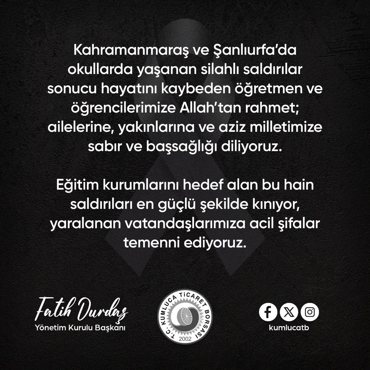 DurdasFatih's tweet photo. Kahramanmaraş ve Şanlıurfa’da okullarda yaşanan silahlı saldırılar sonucu hayatını kaybeden öğretmen ve öğrencilerimize Allah’tan rahmet; ailelerine, yakınlarına ve aziz milletimize sabır ve başsağlığı diliyoruz.

Eğitim kurumlarını hedef alan bu hain saldırıları en güçlü şekilde kınıyor, yaralanan vatandaşlarımıza acil şifalar temenni ediyoruz.