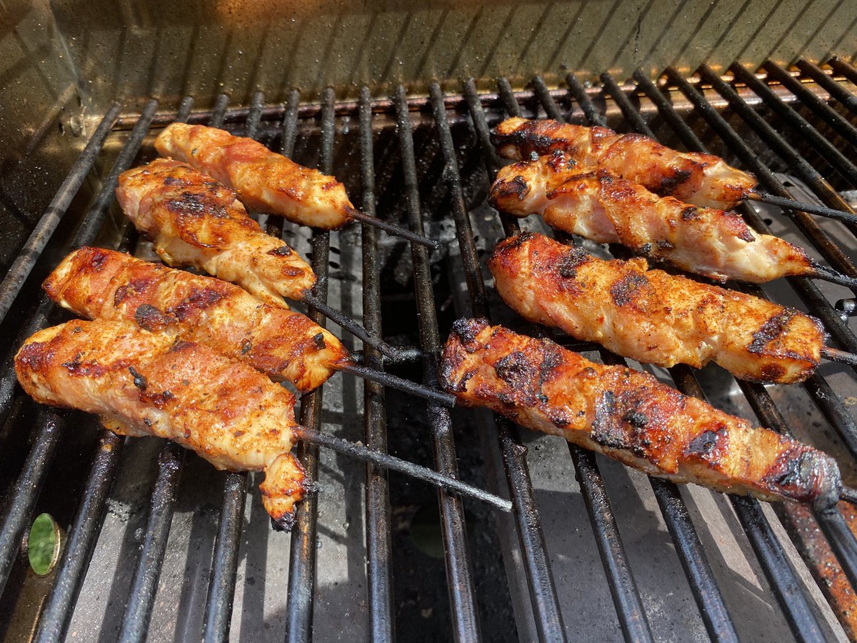 Bacon wrapped chicken skewers for lunch