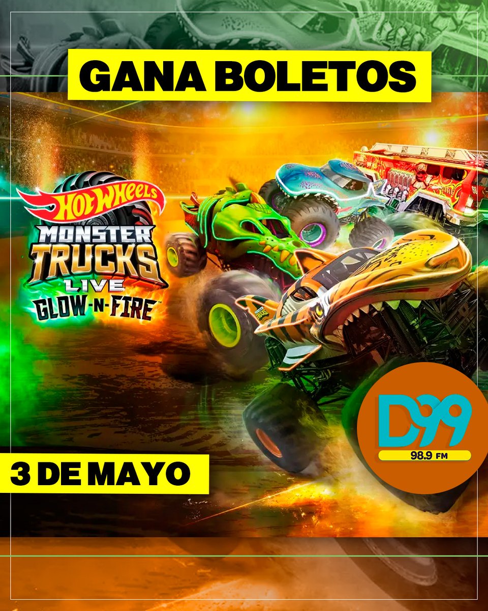 D99Radio's tweet photo. 🔥Gana boleto Doble para el @hotwheelsmonstertruckslive 🔥

Participa aquí ---->  https://t.co/3pB1dVve66 https://t.co/crUvafpqwS