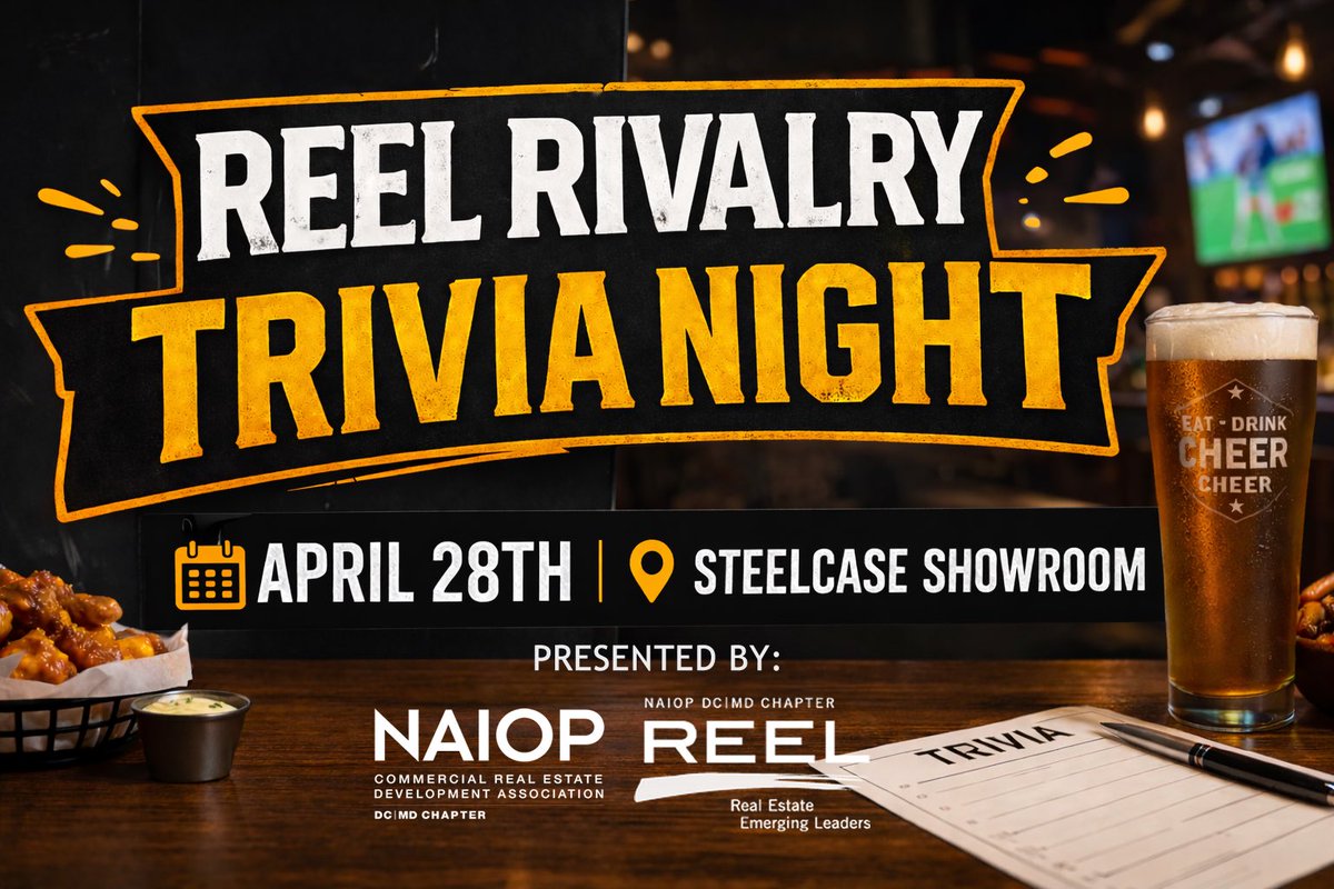 CREDAdcmd's tweet photo. Mark your Calendars! We’re bringing back a crowd-favorite, Trivia Night at Steelcase Showroom! Grab some colleagues to come enjoy an evening of fun trivia, food and drinks! Who will claim the top prize and bragging rights? See you there! #dctrivia #naiopdcmdREEL #REELnetworking https://t.co/QZx50nb4eo