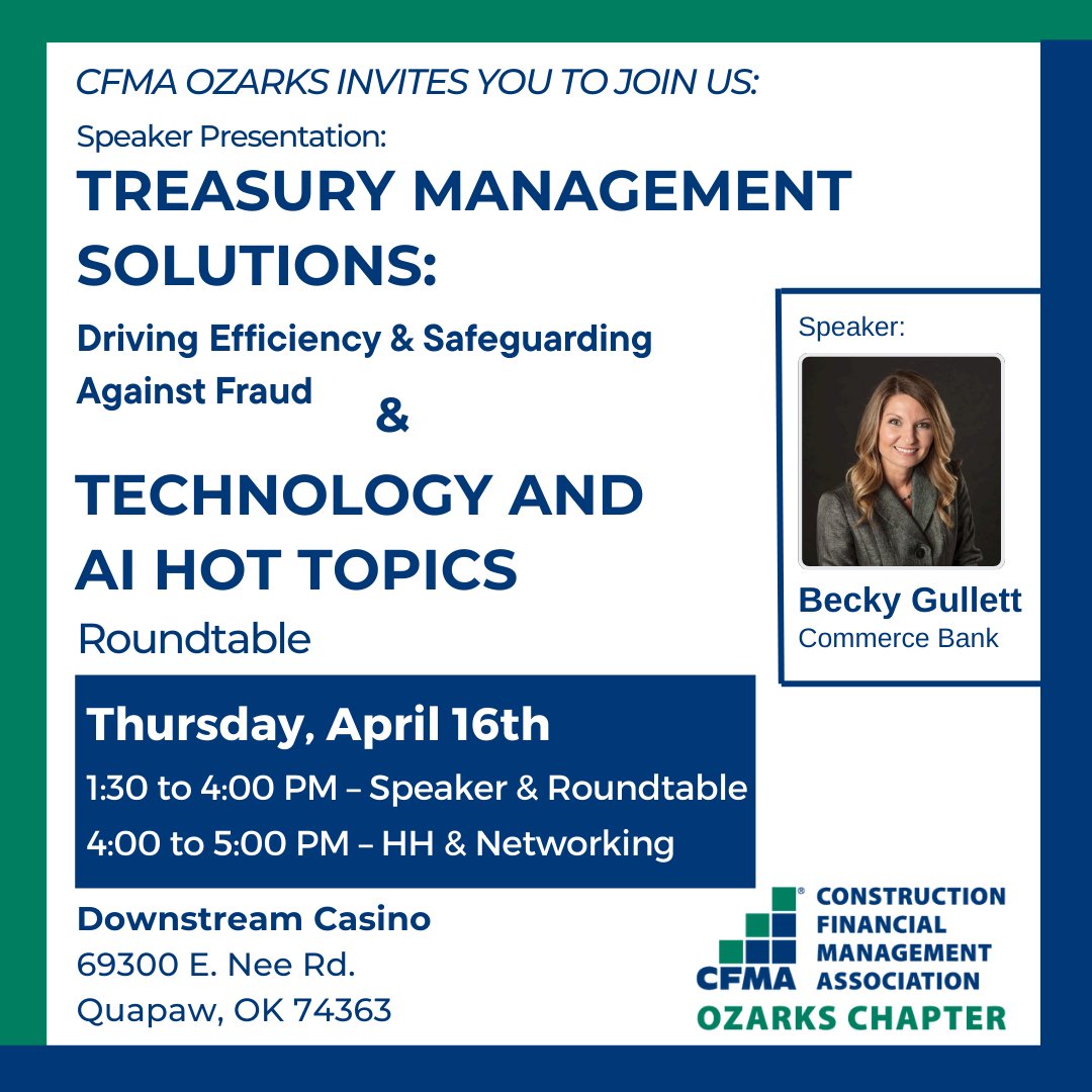 💡 We’re looking forward to seeing you tomorrow!

➥ Find event details here: bit.ly/4dJaHU2

#CFMAOzarks #CFMA