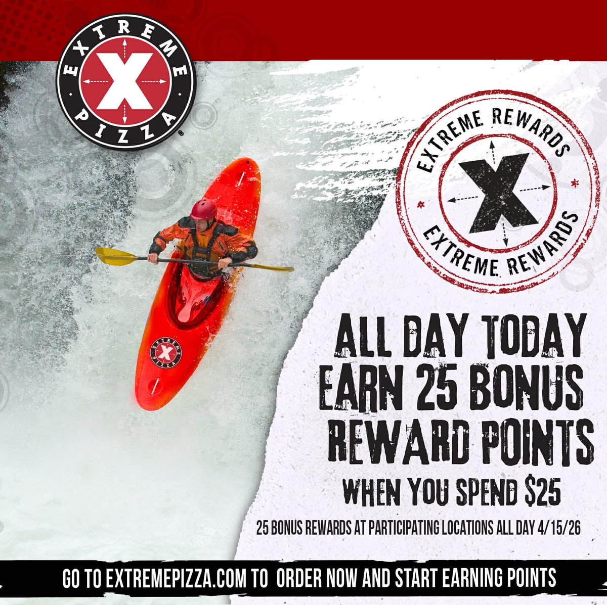Extreme_Pizza's tweet image. Extreme rewards! 🍕 Earn 25 Bonus Reward Points ALL DAY TODAY when you spend $25 🍕🍕 25 Bonus Rewards at participating locations all day 04/15/2026. #ExtremePizza #pizza #pizzadelivery #bonusrewards #pov #pizzalover #pizzatime #Wednesday