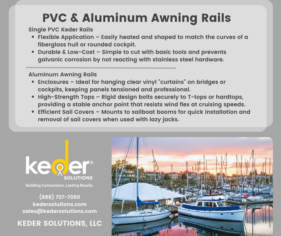 KederSolutions's tweet photo. Upgrade your marine setup with durable, flexible awning rails ⚓️

From easy-to-shape PVC to high-strength aluminum, Keder Solutions has the perfect fit for your boat, built to last and designed for performance.

📞 Let’s connect: (888) 727-7050
🌐 https://t.co/NWNw9WMRli https://t.co/0GgasMEgkr