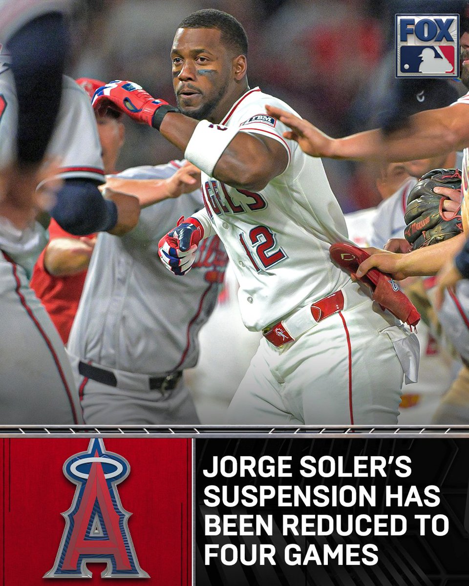 MLBONFOX's tweet photo. Jorge Soler's suspension for the brawl last week has been reduced from seven games to four games, per multiple reports.

Soler will begin serving his suspension tonight. https://t.co/dZCgySJVow