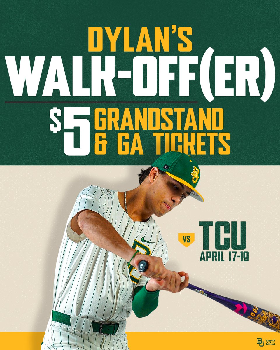BaylorBaseball's tweet image. 🚨 THIS JUST IN 🚨

ALL Grandstand and GA Tickets are now just $5 for this weekend's series vs. TCU thanks to Dylan's Walk-Off(er) 🗣️

Follow the link below OR use the promo code: WALKOFF 
🔗: baylorbears.evenue.net/promotions/WAL…

#SicEm 🐻⚾️ | #Together