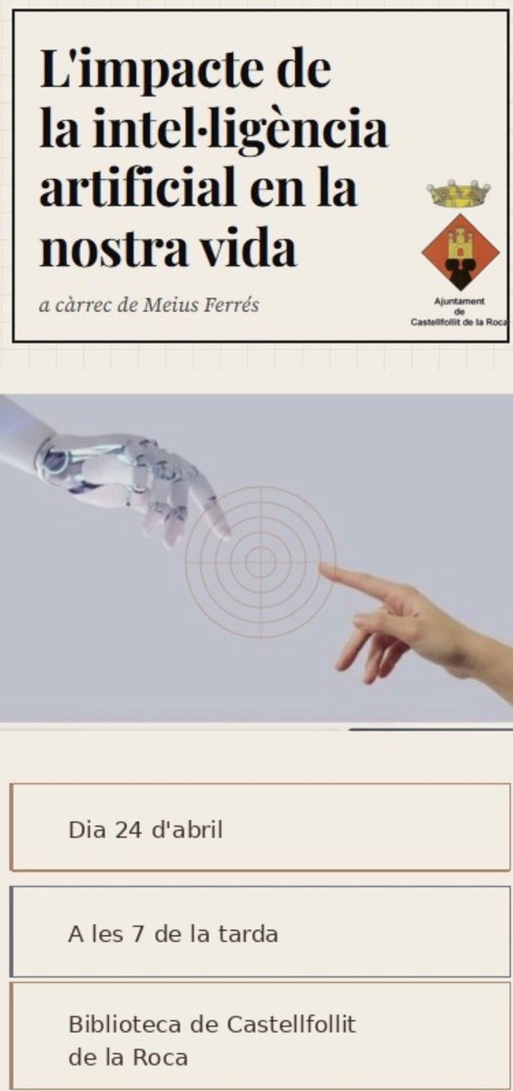 ajcastellfollit's tweet photo. 📢 Xerrada: L’impacte de la intel·ligència artificial en la nostra vida

🗓 24 d’abril · 🕖 19 h
📍 Biblioteca de Castellfollit de la Roca

Amb Meiús Ferrés(@meiusferres) Activitat gratuïta!
T’hi esperem!

#CastellfollitDeLaRoca #Intel·ligènciaArtificial #Xerrada https://t.co/4A6xR4Ca2v