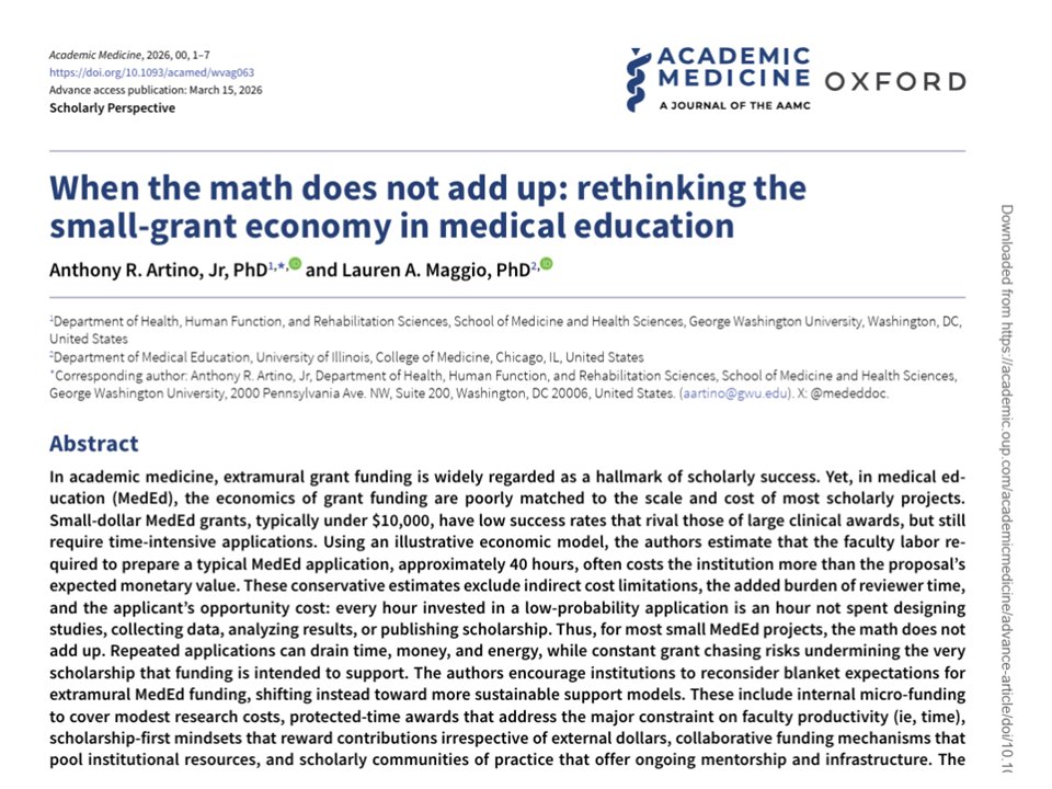 mededdoc's tweet image. Some paper ideas come quickly. Others take yrs to marinate. This one took about a decade.

In our new paper, we argue that for most small #MedEd grants, the math just doesn’t add up: low success rates, high costs ($, opportunity cost), incredibly low ROI👉lnkd.in/eNVem4_B
