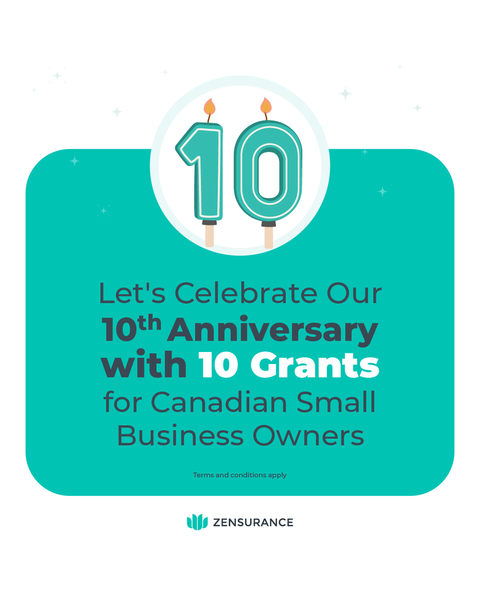 zensurance's tweet image. We’re 10 years old &amp;amp; we're giving away 2 grants of $10,000 &amp;amp; 8 of $1,000!🎉

Applications for the Zensurance Small Business Grant are open now!

You have until June 3 to enter. Do it now! 🏃

👉 ow.ly/KpW450YEvXS💰

#SmallBusinessCanada #BusinessFunding #BusinessGrant