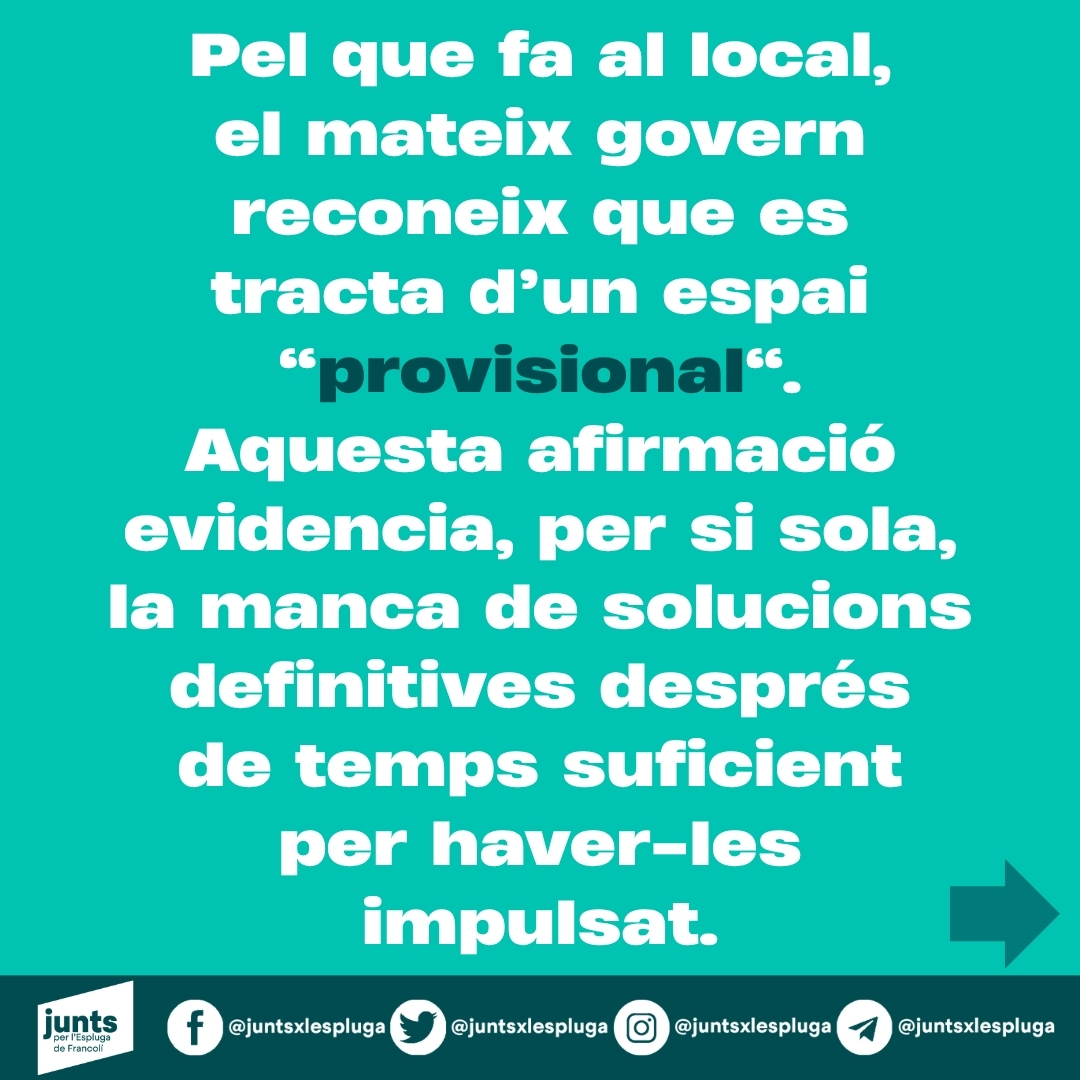 juntsxlespluga's tweet photo. El fet d'haver signat un conveni, simplifica els tràmits burocràtics, però no vol dir millorar les polítiques socials, i reconèixer que l’espai actual és “provisional” evidencia la manca de solucions definitives. https://t.co/D4ksHhx02K