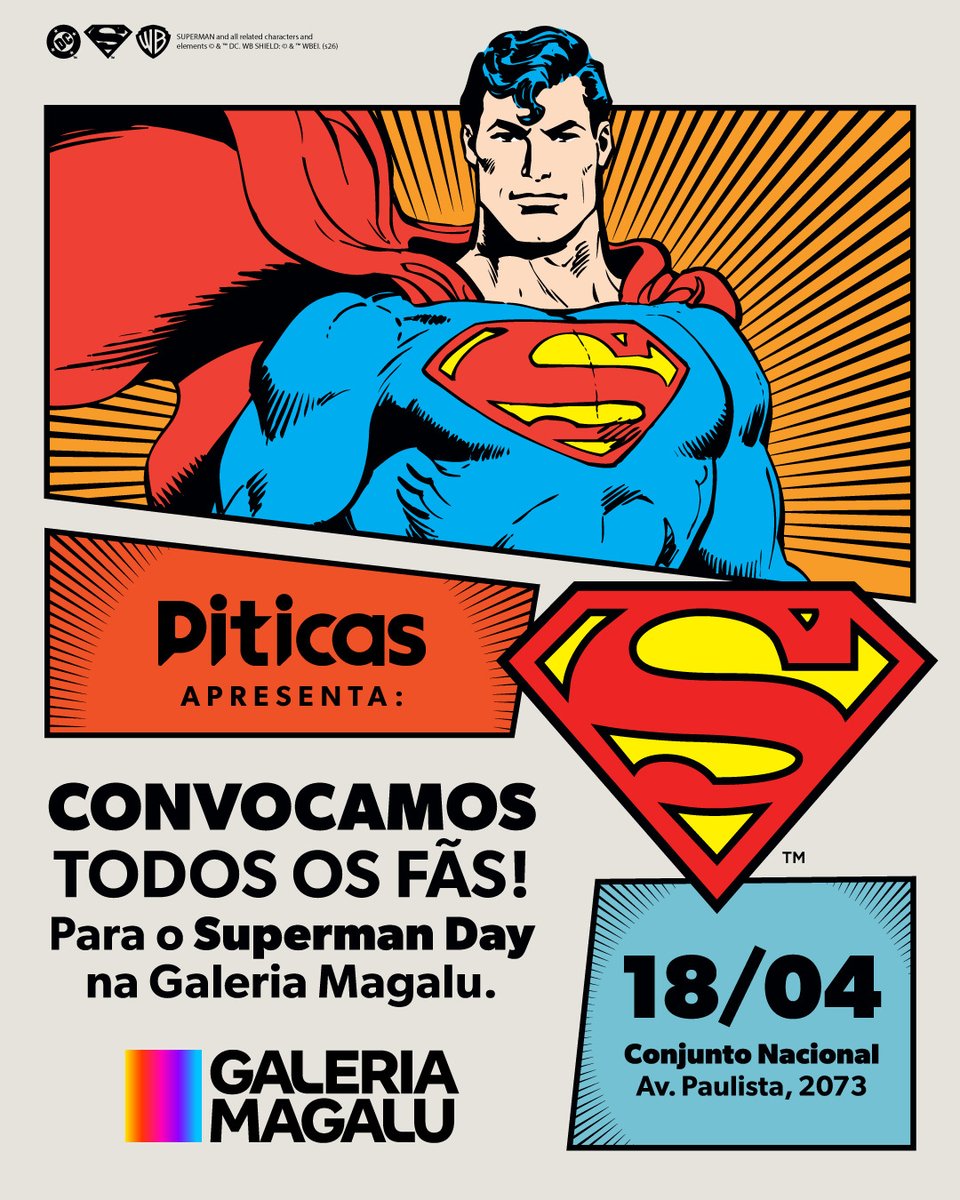 ArchersBrasil's tweet image. O "Superman Day" ganha programação especial da Piticas e Galeria Magalu neste sábado (18), para celebram o herói com artistas, cosplayers, brindes, muito papo sobre o universo DC e experiências imersivas no Conjunto Nacional (SP). 🚀

#SupermanDay #DC #Piticas