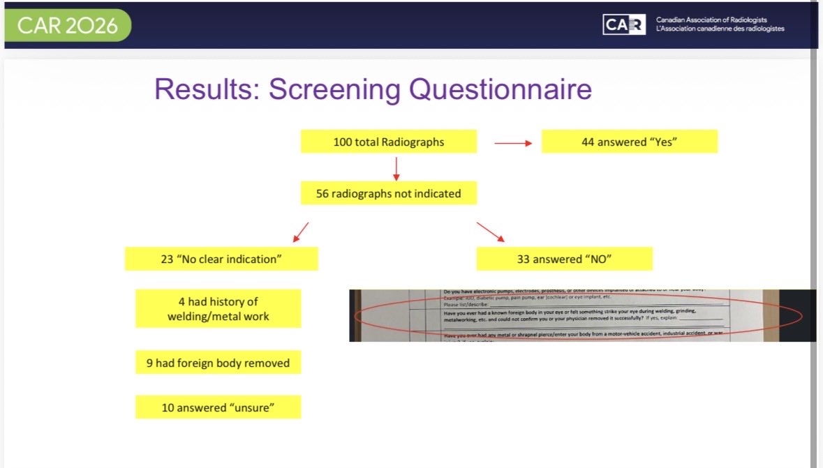 RadResearchSask's tweet photo. CAR ASM starts tomorrow! Drs. S Fouladirad &amp; H Obaid are presenting a project on pre-MRI screening for periorbital foreign bodies. Of 100 patients receiving screening XR, 3% positive rate, but 56% of XRs were not indicated by institutional protocol. Intervention pending. #mri https://t.co/0ixDGwVE5s