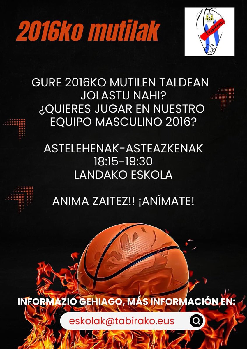 TabirakoBaqueST's tweet photo. 2016ko Mutilak 😉

🏀Animatu eta saskibaloian murgildu !!!🏀

📝 Idatzi eskolak@tabirako.eus gmailera!
ANIMA ZAITEZ!

Bat, Bi, TABI! 💙 https://t.co/iStl7JqyO5