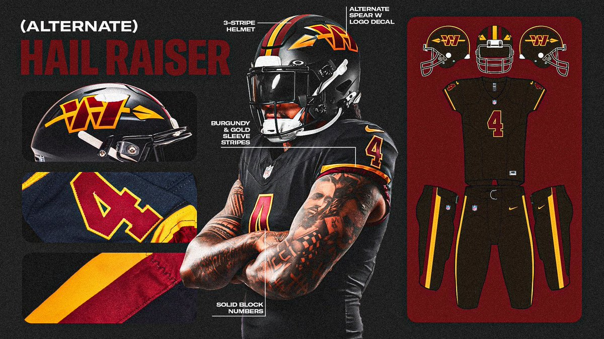 ArmandoSalguero's tweet image. New Washington alternate uni includes spear on helmet that is a throwback to the team’s 1960s-early 70s helmet logo.

Has nothing to with “Commanders” but does evoke “Redskins”