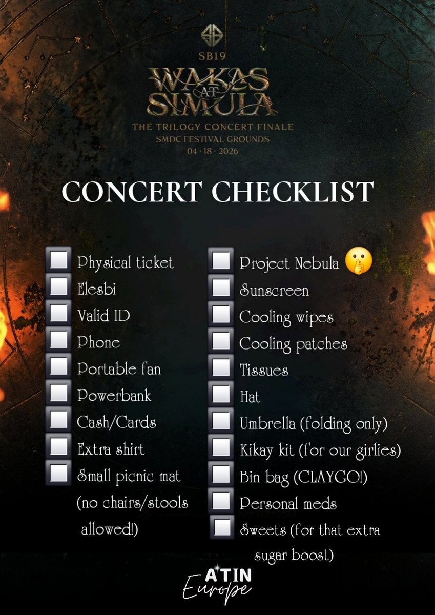 A'tin Europe is flying in, one by one, two by two 🤭 for SB19's Wakas at Simula concert for this weekend!

For the meantime, make sure you have these essentials packed for DDay!

D-3 SB19 WAS CONCERT FINALE
<a href="/SB19Official/">SB19 Official</a> #SB19
#WaSTheFinale