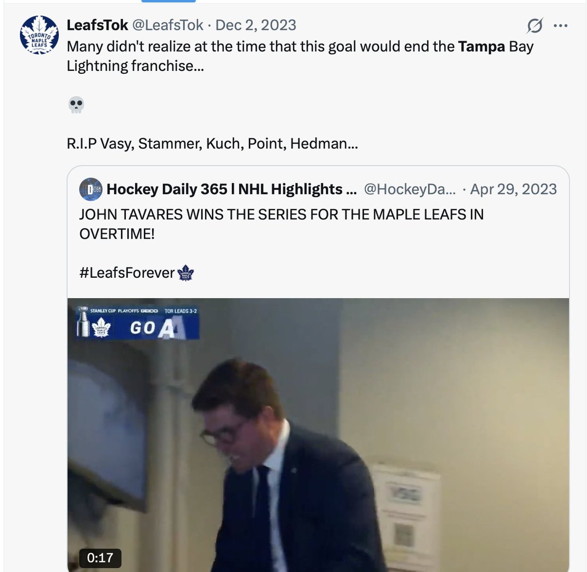 mcgurtt's tweet photo. @PhilMcTurd @LeafsTok @EdwardsOhio @spittinchiclets For one series not being that big a deal he sure was hung when the Leafs survived round 1.

Also not sure homeboy has the best read on quality of clubs. 

@grok Did the Tampa Bay Lightning make the playoffs this year? https://t.co/x8kE7Hw8in