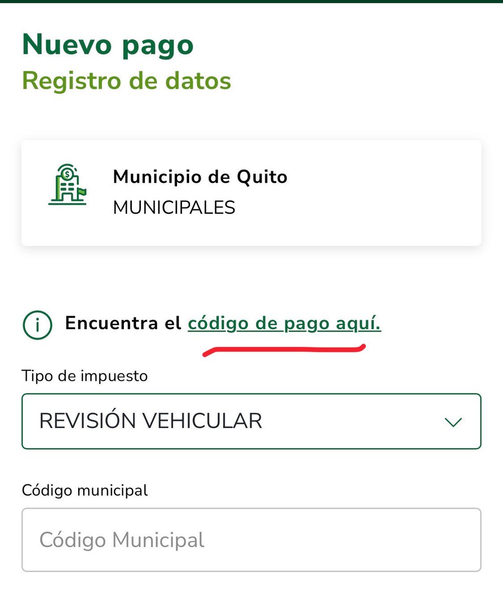Entro al Banco para pagar este servicio y me piden un código municipal (“código de pago aquí”) que lo debo de obtener a través de la página AMT. 
No me deja con el número de la placa del carro, como el pago de la matrícula y de la prefectura <a href="/PichinchaGob/">Prefectura de Pichincha</a>
