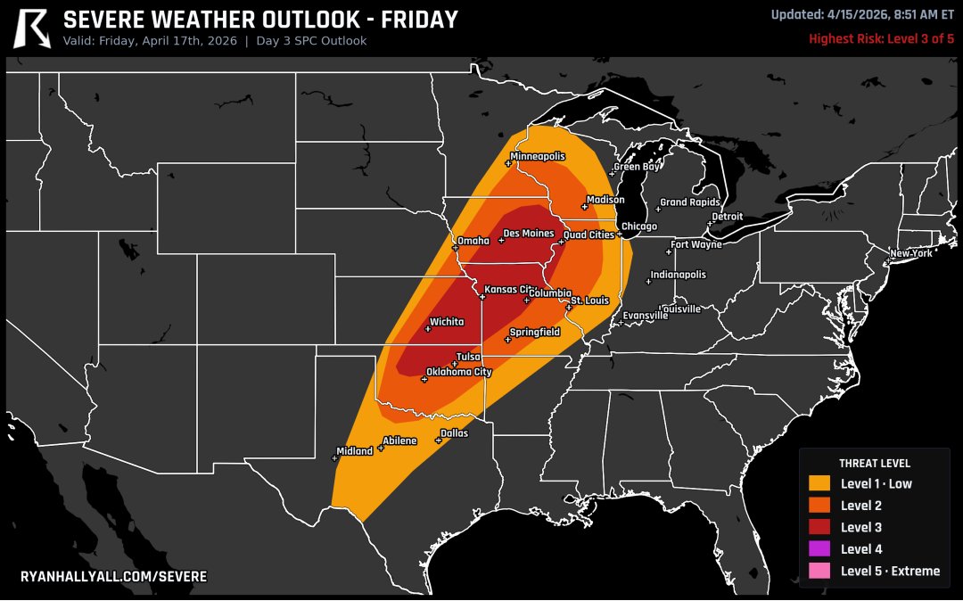 ryanhallyall's tweet photo. Widespread severe weather is expected Friday, including the potential for strong tornadoes and significant wind damage across several states. https://t.co/yUQdrTiRjc
