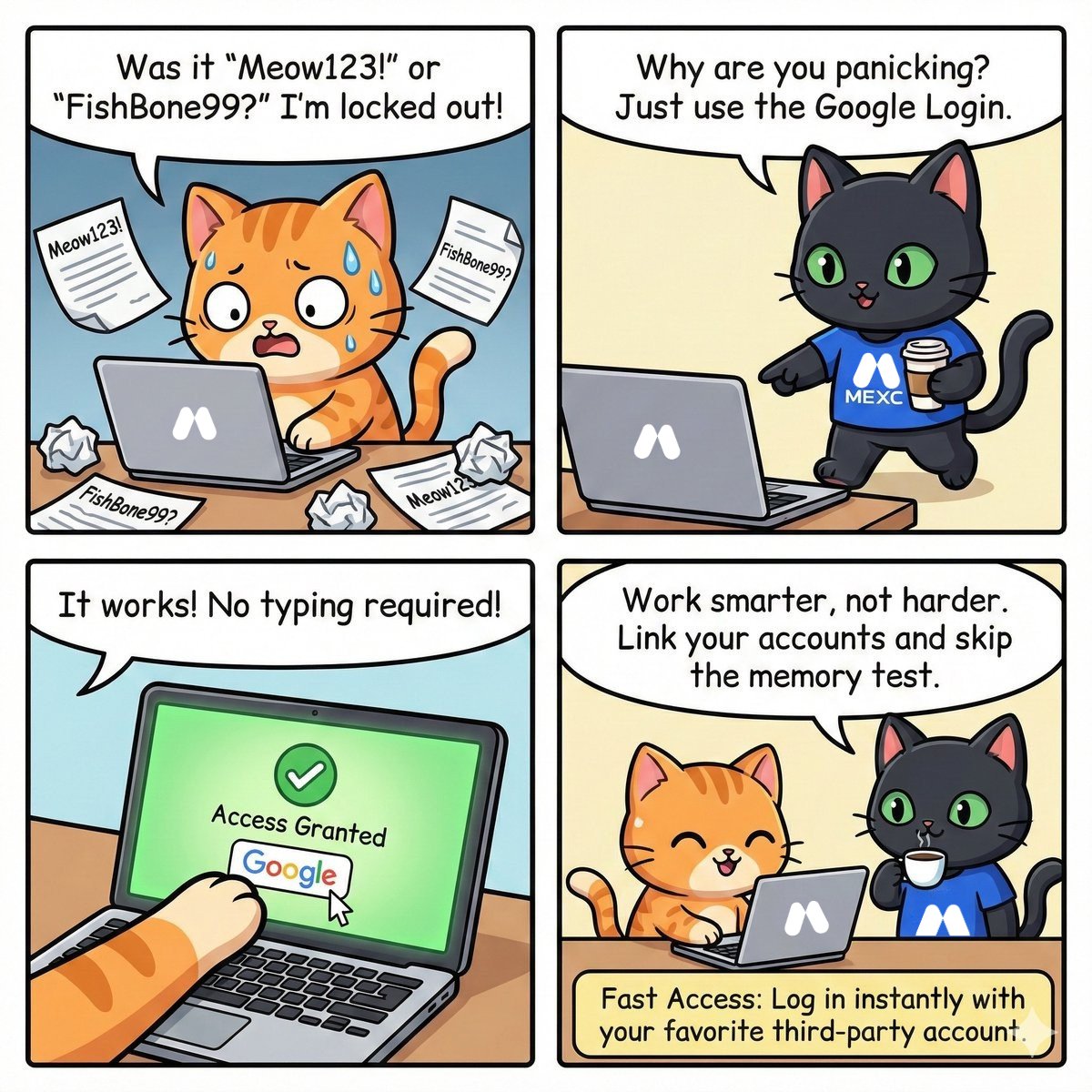 MEXCCat's tweet photo. #MEXCCat 向 Beginner Cat 展示了一种更简单的登录 MEXC 账户的方法，帮他避免“密码健忘症”。🐱🪪✅

👉你也可以这样做：https://t.co/fzPEdKeLBq

#MEXC🐈‍⬛#MEXCScam🐈‍⬛#BoycottMEXC🐈‍⬛#CancelMEXC🐈‍⬛#MEXC8eyond https://t.co/39NDg1RFkB