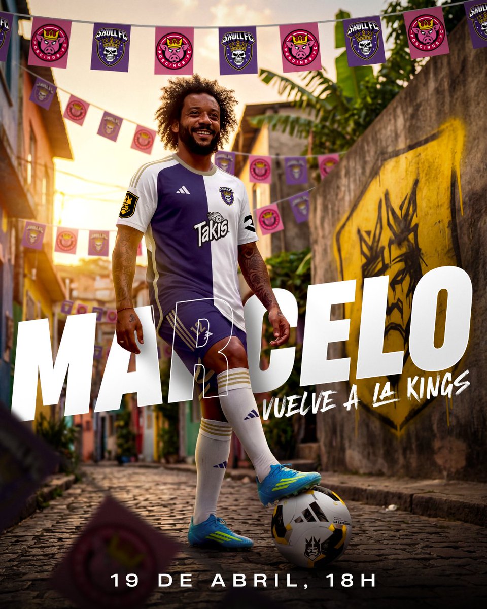 KingsLeague's tweet photo. ⚽⭐ SONRÍE LA ESFÉRICA.

🚨 Marcelo volverá a vestirse de corto y jugará con Skull FC este domingo contra Porcinos. https://t.co/RP385zo5bp