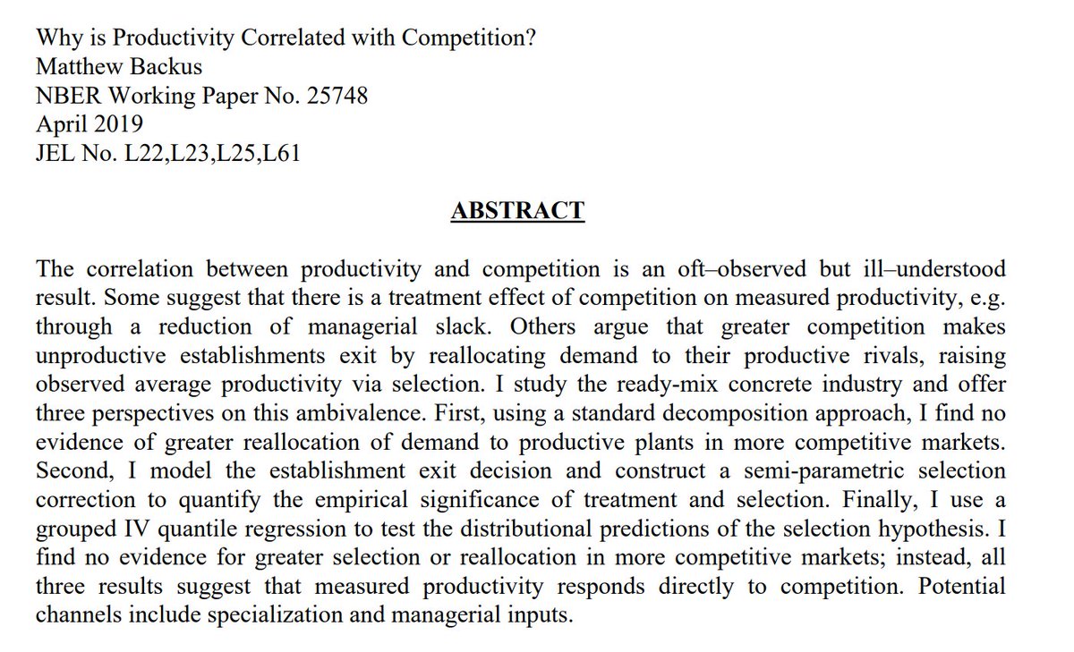 It is consistently the case the productivity is correlated with competition. But why? Some think that it's due to bad firms being chased out, because wouldn't every firm want to maximize profit? And yet, that's not what we see. Competition simply makes companies better. 1/