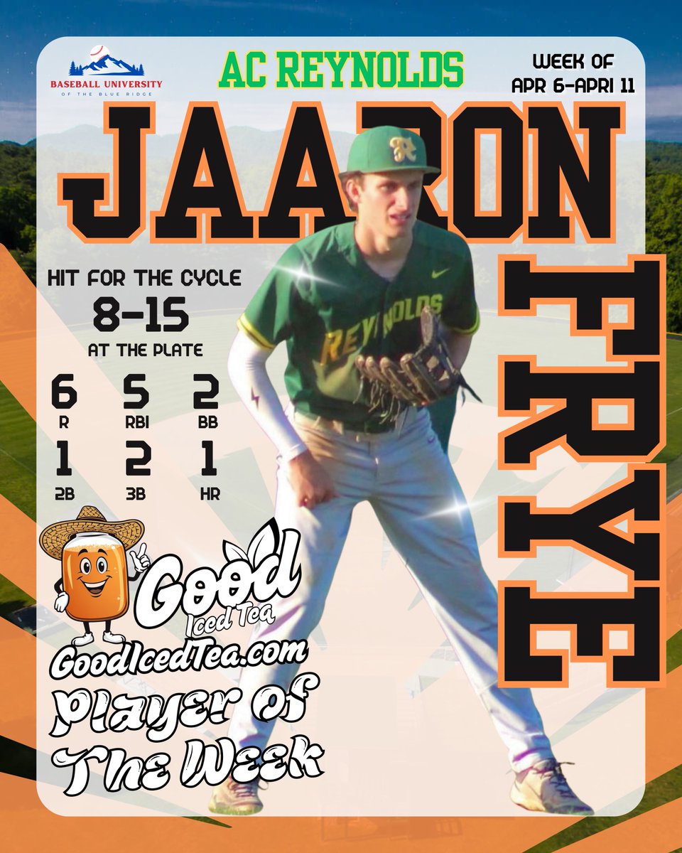 BBUniversityWNC's tweet photo. Congratulations to 2028 @JaaronF2  of @ACR_Baseball, this week's Good Iced Tea Player of the Week.  

Frye blew up offensively during their Spring Break Myrtle Beach Tournament going 8 for 15 w/ 6 R, 5 RBI, 2 BB, a 2B, 2 3B, and a HR. He also hit for the Cycle in one of those games. The team went 4-0 in a competitive Tournament Bracket helping ACR improve to 14-3 overall.

Congrats to the Jaaron and all the Good Iced Tea Player of the Week Nominations

Jonas Weidner - East Burke - 6 for 10 w/ 6 R, 2 RBI, 3 SB; 7 IP, CG W, 3 H, 0 R, 1 BB, 8 Ks

Blayne Richardson - Crest - 6 for 8 w/ 3 2Bs

Luke Rayfield - Crest - 5 for 10 w/ HR, 7 RBI; 3 Scoreless Innings Pitched, 1 Save

Cason McGinnis - North Lincoln - 9 for 13, 3 2Bs, 6 RBI, 4 R, 1 BB, 0 K, 2 SB; 5 IP, 1 W, 4 H, 2 R, 0 BB, 7 K

Aaron King - Avery County - 4 for 7 w/ 4 R and 4 RBI

Gavin Eller - Ashe County - 6 for 10 w/ 3B, 2B, 4 RBI; 6 IP, 0 ER, 4 H, 8 K, Earned the W

Hunter Mason - Brevard - 7 IP, 8 Ks, W; 3 for 7 w/ 4 RBI

@Michael_Staicar @Chris_Womack