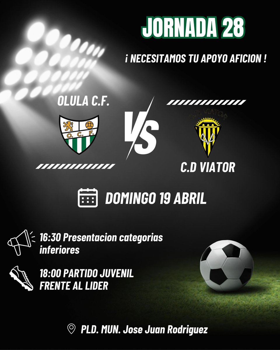 Este domingo 💚🤍⚽

🕓 Desde las 16:00 h: Presentación de las categorías inferiores del Olula CF.

🕕 Y a las 18:00 h: Nuestro juvenil se enfrenta al líder.

Una tarde para disfrutar, animar y apoyar a nuestro club. ¡Os esperamos, no faltéis a la cita! 🙌🔥