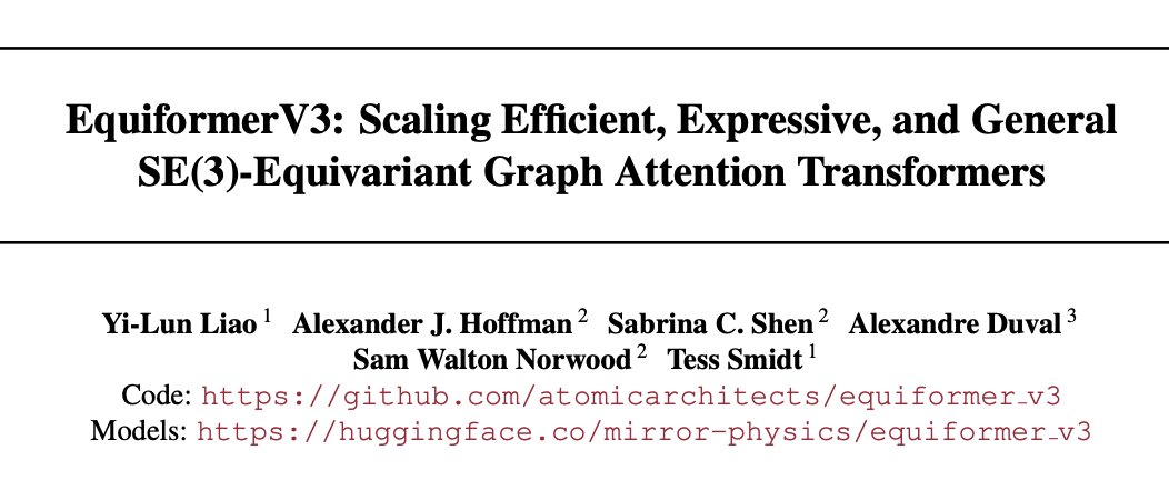 cgeorgiaw's tweet photo. 🏆🏆🏆 EquiformerV3 just topped MatBench Discovery 
using less than 1/3 of the compute of the closest competitor 🏆🏆🏆

EquiformerV3 precisely simulates chemical physics by scaling SE(3)-equivariant graph attention transformers.

AND it was released on @huggingface 🤗 https://t.co/7clYhQWWZT
