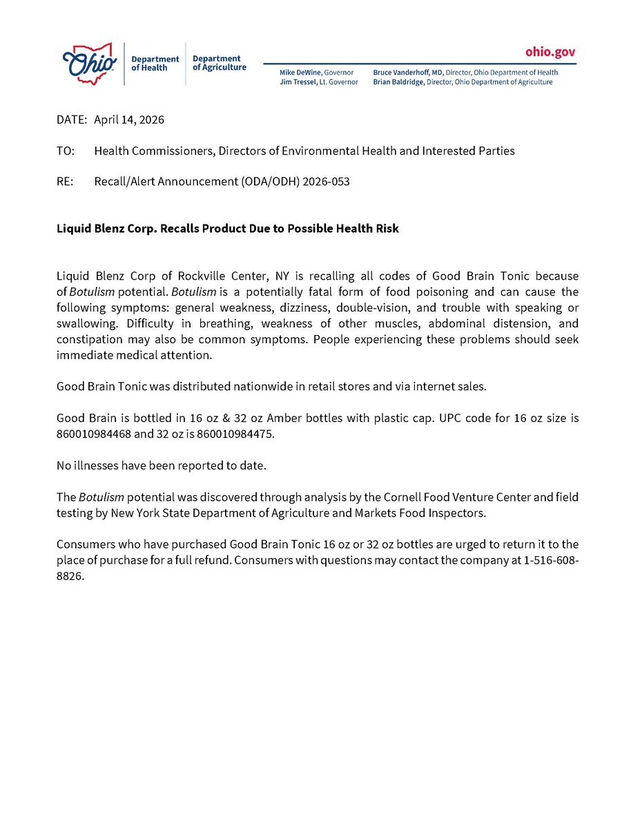 🚨RECALL ALERT: Liquid Blenz Corp. Recalls Product Due to Possible Health Risk