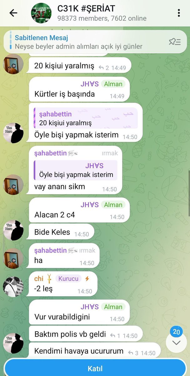 mehmetaltunisk's tweet photo. Kahramanmaraş Ayser Çalık Ortaokulu'na düzenlenen silahlı saldırı sonrası  Telegram'daki C31K isimli grupta dönem konuşmalar.. Biri “Bende yapmak isterim”.. diyor..Grupta 100 bine yakın kişi var. Tetikçilerin kol gezdiği bu telegrama acil çözüm bulunmalı.. https://t.co/9jbPXbPpKS