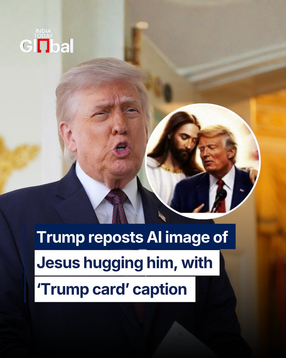 ITGGlobal's tweet image. US President Donald Trump reposts an AI image of Jesus hugging him days after backlash over a deleted post that appeared to depict him as Christ. 

Trump dismisses criticism, blaming ‘fake news’.

#DonaldTrump #AI #Controversy #USPolitics #Religion #IndiaTodayGlobal