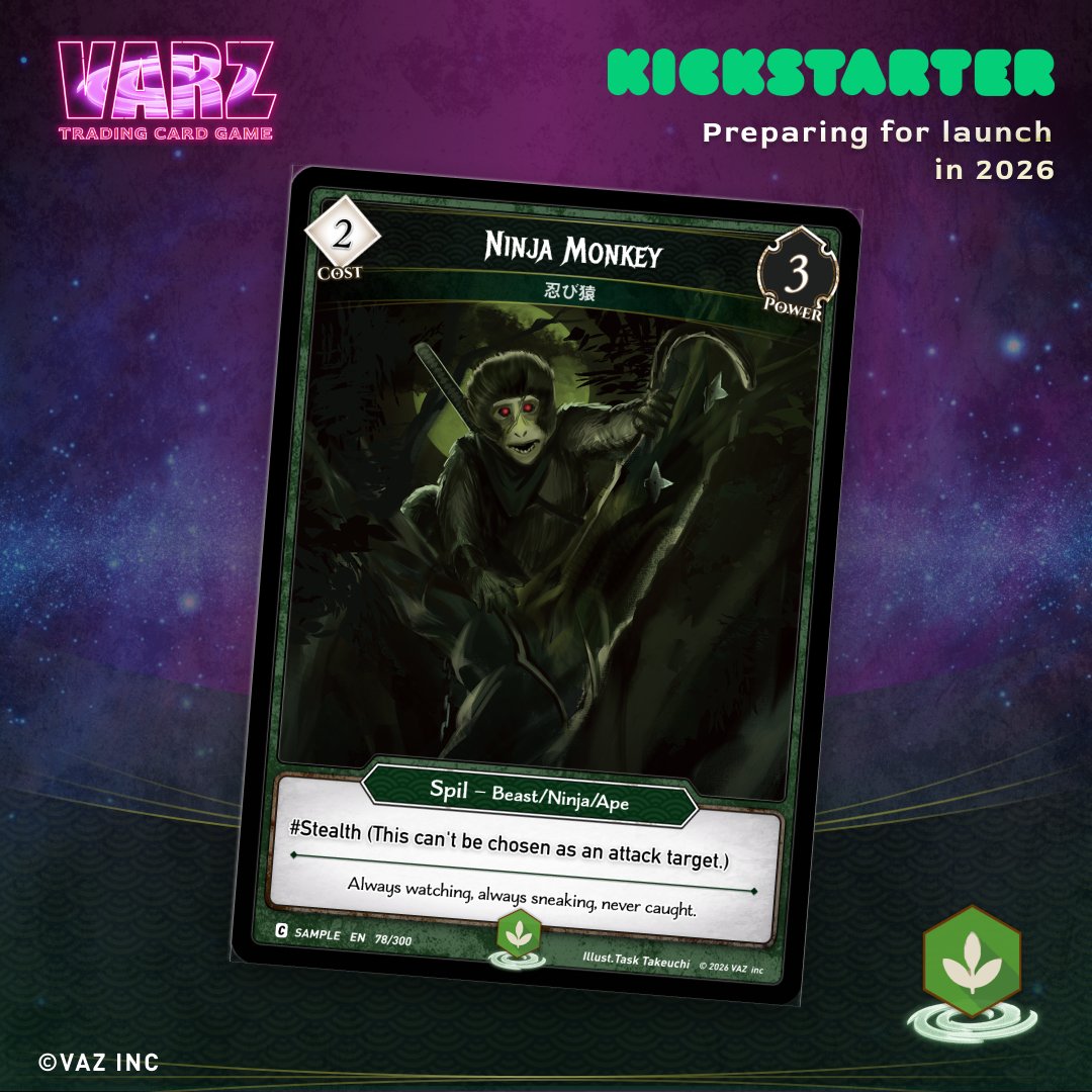 varztcg's tweet image. 【Card Reveal】
🐒 Ninja Monkey

#Stealth — can’t be chosen as an attack target.

Untouchable.
Unseen.

Always a threat.

#VARZ #TCG #Kickstarter