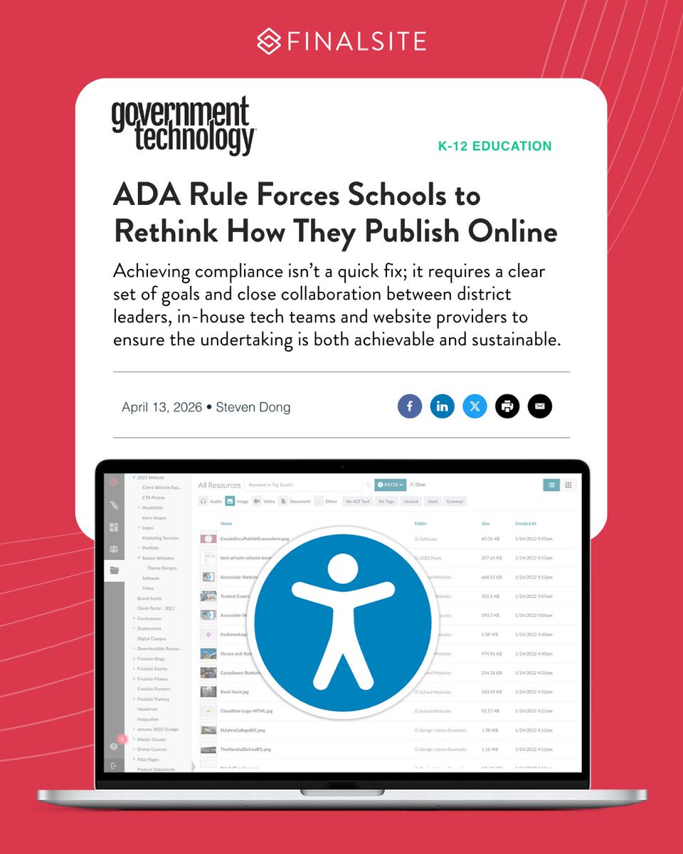Finalsite's tweet photo. Featured in Government Technology: Finalsite’s Chief Product Officer, Steven Dong, shares how the upcoming ADA compliance deadlines create an opportunity for K-12 school districts to reconsider how they publish public information.

Read the full story: https://t.co/Qy8dLUZ9pn https://t.co/sz3CUyuNnZ
