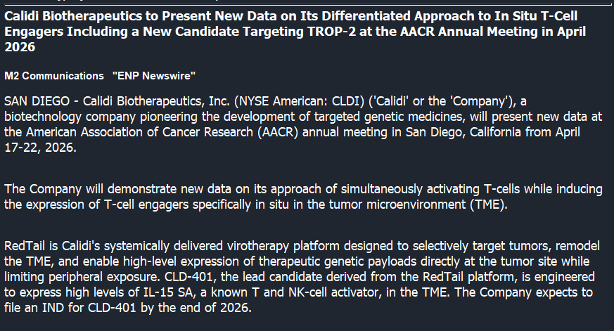 TheBull_Stocks's tweet photo. $CLDI I am expecting a nice move up from here the next 2days! Company will present new data at the American Association of Cancer Research (AACR) annual meeting in San Diego, California from April 17-22, 2026. https://t.co/VzgujF4PUt