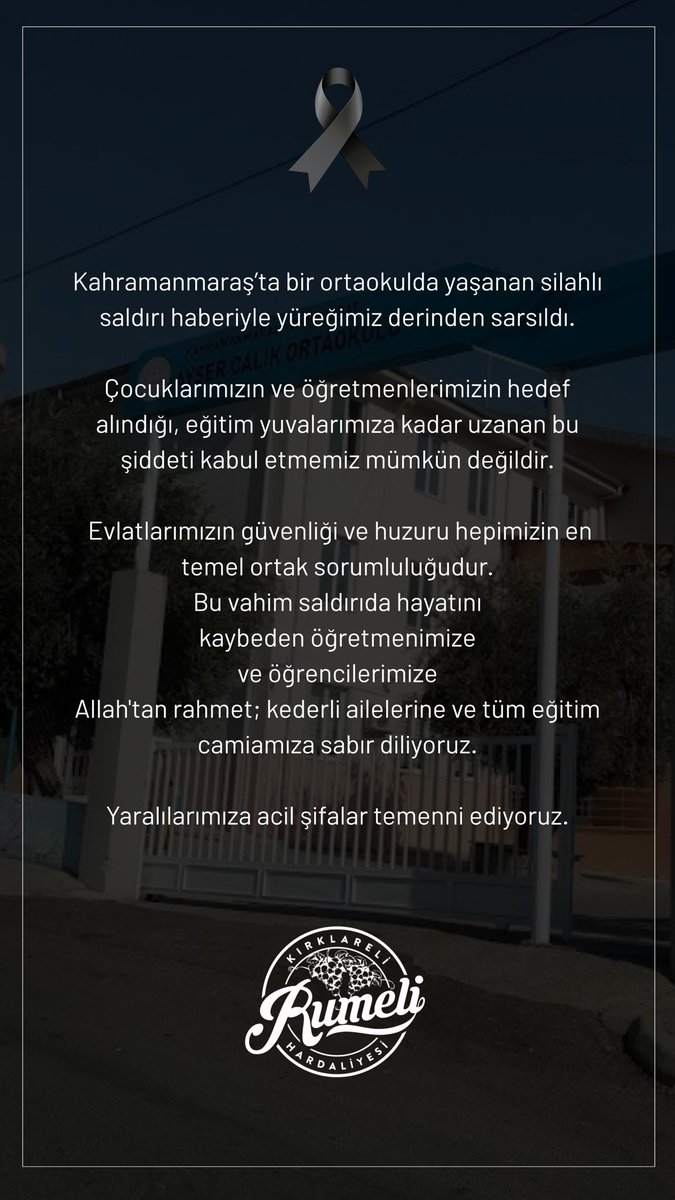 Kahramanmaraş’ta bir ortaokulda gerçekleşen saldırı yüreğimizi yaktı. Okullarımıza kadar giren bu şiddeti kabul etmiyoruz. Hayatını kaybeden öğretmenimize ve yavrularımıza Allah’tan rahmet, yaralılarımıza acil şifalar diliyoruz. #Kahramanmaraş #EğitimdeŞiddeteHayır