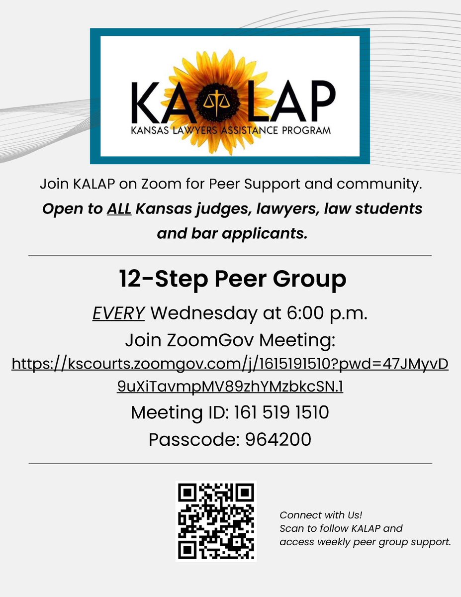 KansasLAP's tweet image. Halfway through the week, take a moment for yourself.✅ Join us tonight at 6PM for 12-Step Peer Group.

📩 DM for questions

#support #kalap #lawyerwellbeing