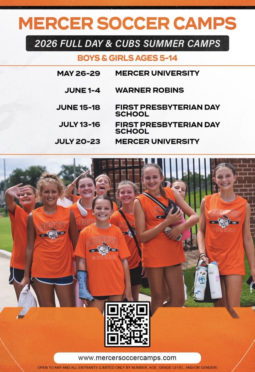 MercerWSoccer's tweet image. ⚽️ Mercer Soccer Camps 2026 are here!

👦👧 Ages 5–14  
📍 Multiple locations  
📅 May–July sessions  

Train, compete, and have fun this summer ☀️  

Spots are limited, sign up now: mercersoccercamps.com  

#MercerSoccer #YouthSoccer #SummerCamp