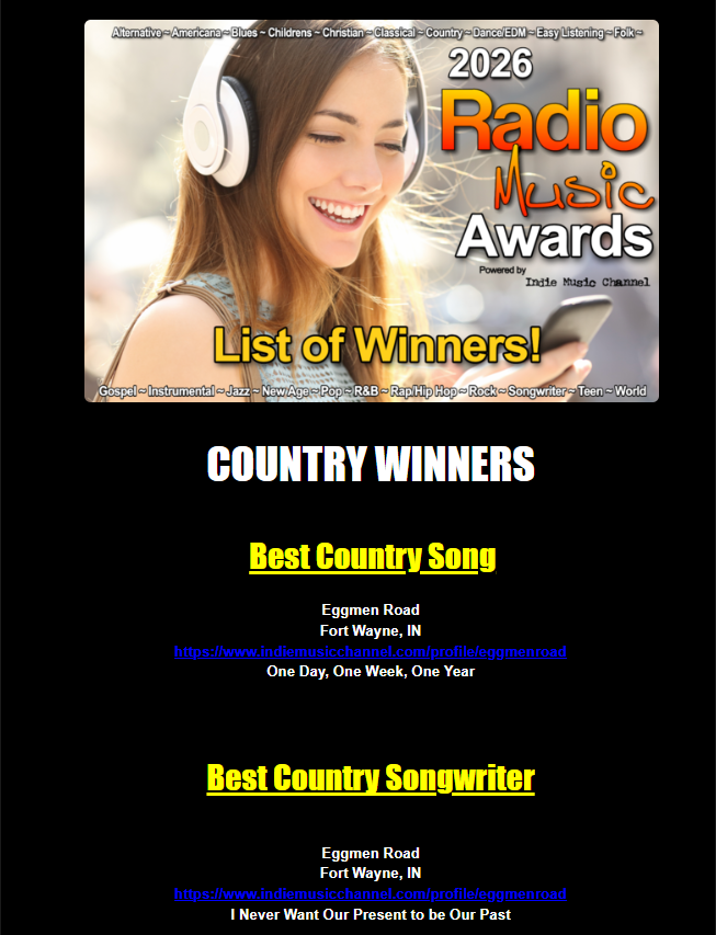eggmenroad's tweet photo. Each year, The Radio Music Awards honors independent artists worldwide who achieve radio airplay without being signed to a major label

BIG TY to all those who have helped u achieve this honor.
@oliversean @woafm99 @MusicMafiaRadio @ger_show @CMNI_More_Music #WMDCModernDayCountry https://t.co/LwZQ4BQ6oC