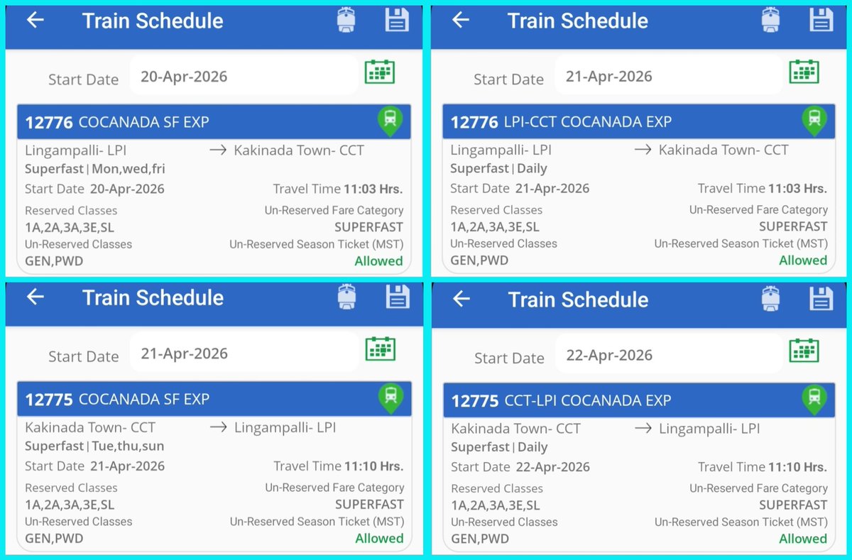 <a href="/Aravelli_1003/">kakinada Rail ,Bus ,infra ,Info</a>

Much awaited frequency increase!

Train No. 12776/12775 Lingampalli-Kakinada Town-Lingampalli Cocanada Express to run as Daily, with effect from 21.04.2026 Ex. Lingampalli &amp; with effect from 22.04.2026 Ex. Kakinada Town, with additional stoppage at Samalkot Jn.