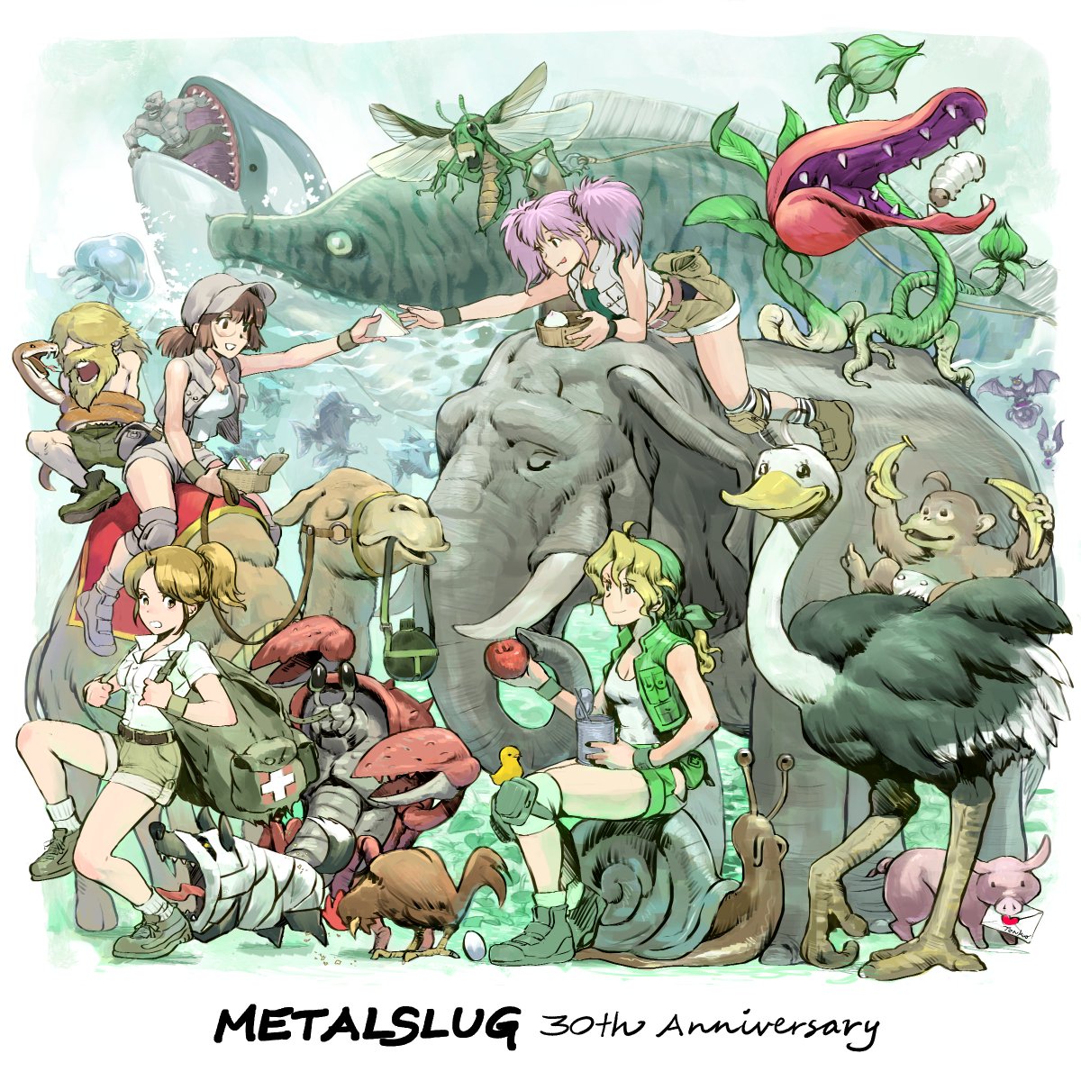 『メタルスラッグ』30周年記念イラスト
本日は【TONKO】さんによる作品とメッセージをお届けします。✏️
✦･━･✦･━･✦･━･✦
祝・メタスラ30周年！
SNK入社間もない頃、はじめてキャライラストを描かせてもらったのがPS版初代メタスラのマルコ・ターマ・ソフィア教官でした。