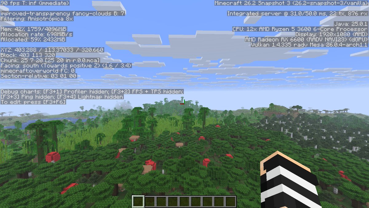 ickyvickywhy's tweet image. testei a 26.2 com Vulkan, e eu diria que é só drasticamente melhor que a vanilla, porque a Mojang ainda não sabe codar melhor que modders há décadas na cena,

FPS muito ruim em idle, carregamento de chunk lento e 1% lows bem baixos. Ao menos a Mojang tentou algo :P